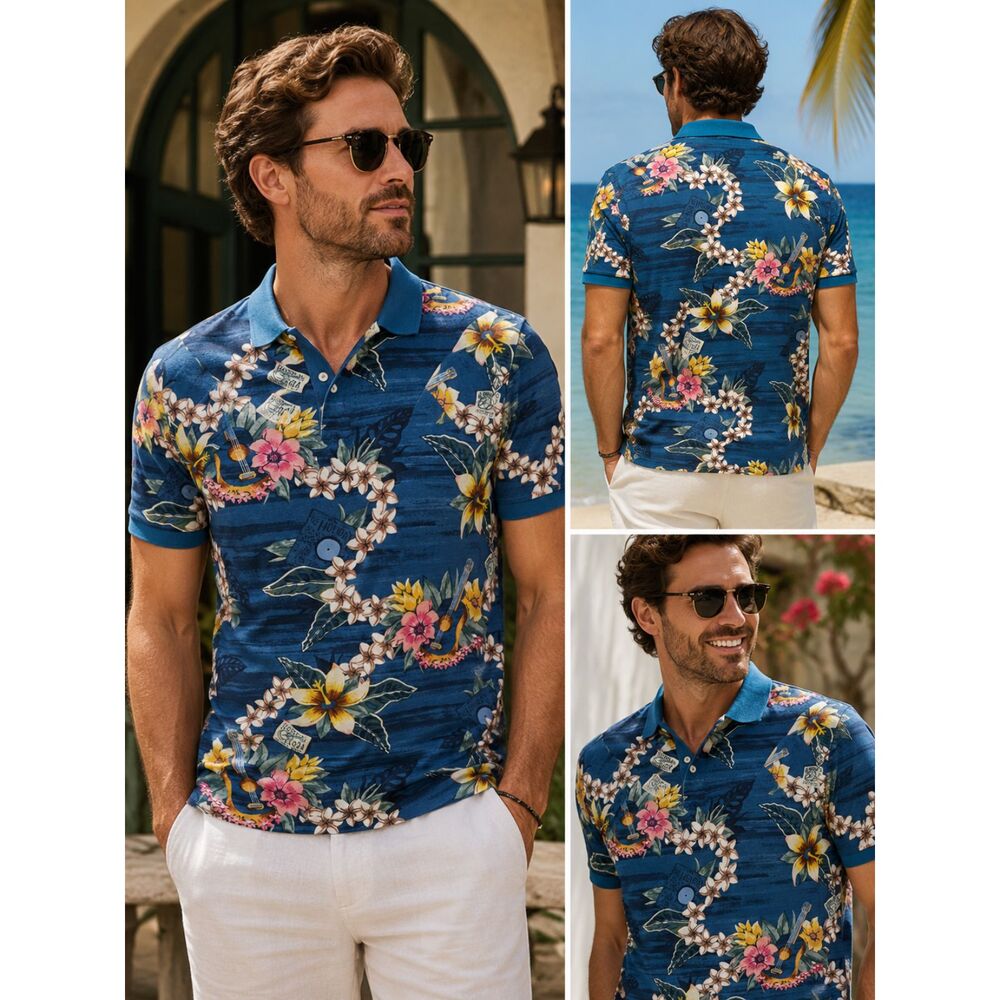 Scotch & Soda Amsterdam Polo Shirt Large Tropical Hawaiian Floral Organic Cotton